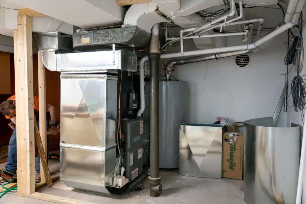 furnace 1 a hvac unit in a basement with exposed ductwork, pipes, and a water heater.