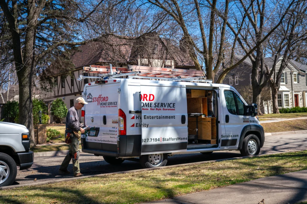 a stafford home service truck driving to perform hvac installation and repair in inver spring lake park, mn.
