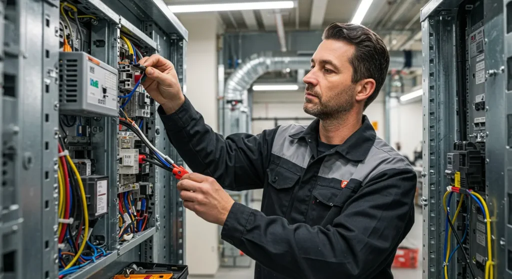 technician servicing electrical components inside a metal cabinet in an industrial facility, using tools to adjust wiring and circuit breakers