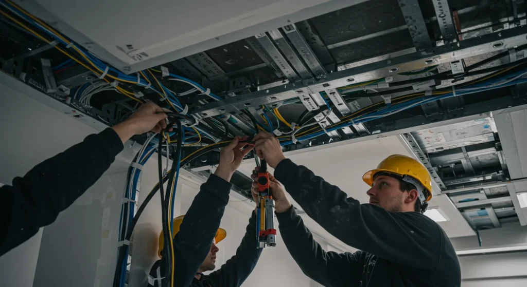commercial wiring installation three electricians installing complex wiring in building ceiling.
