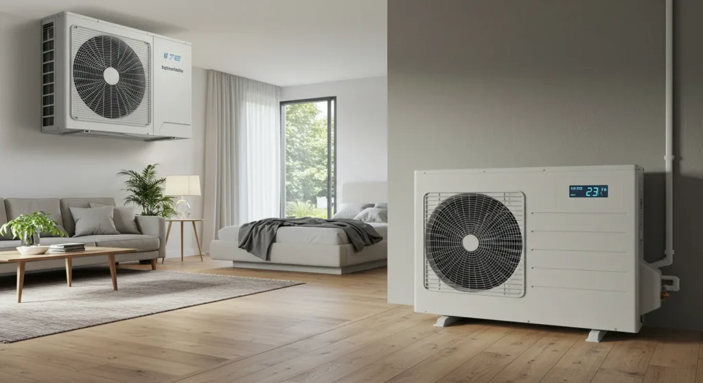 outdoor and indoor heat pump units in a residential setting.