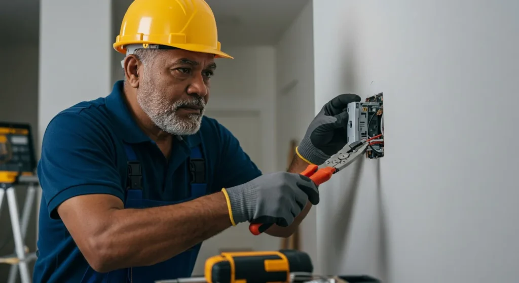eelectriciann 1 elderly male electrician repairing an electrical wiring