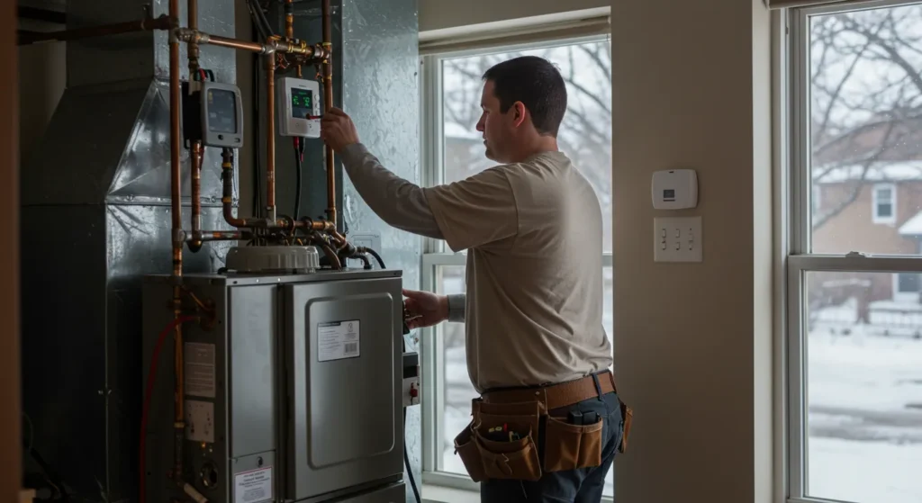 furnace repalcement a man replacing a furnace system installed in a room