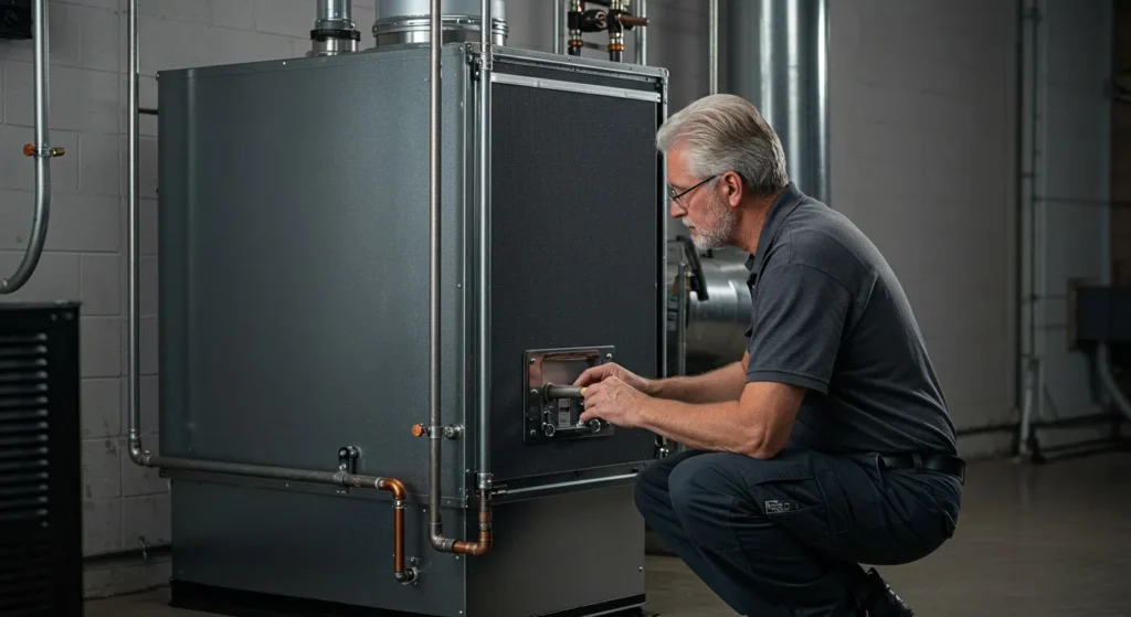 male technician in grey shirt inspecting an industrial furnace.