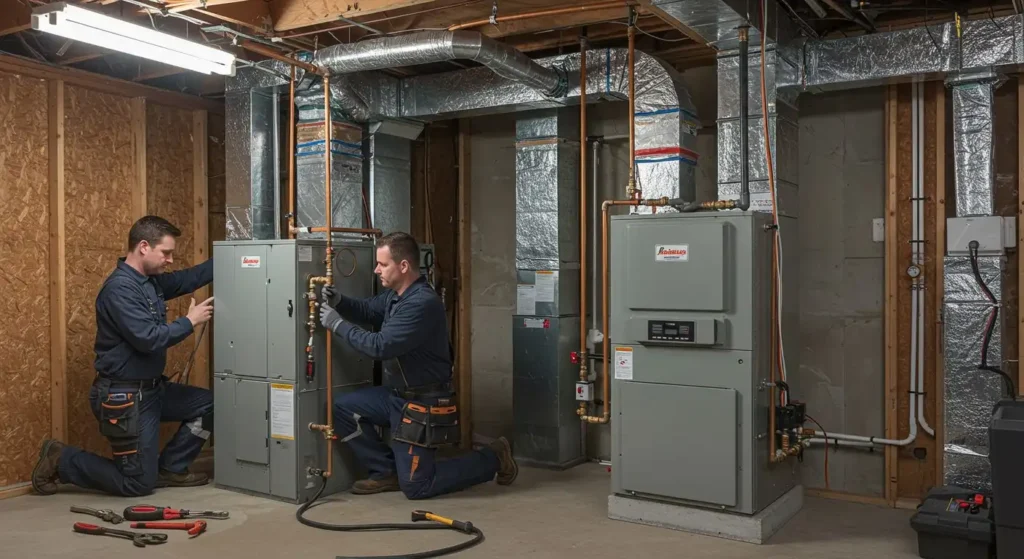 furnaceereplacement 2 two male technicians working on two furnaces in a basement.