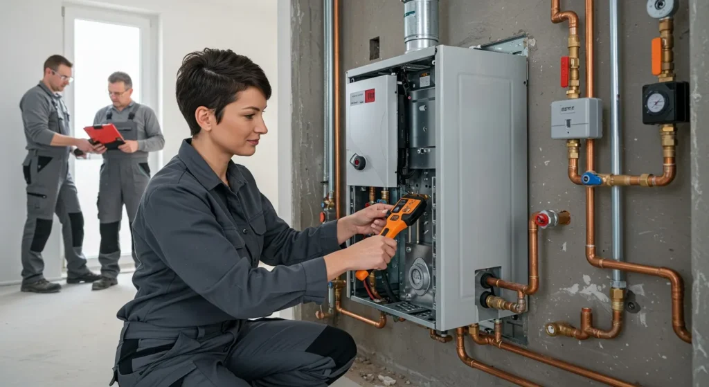 heatinginstallation 1 professional technician working on a modern heating system installation.