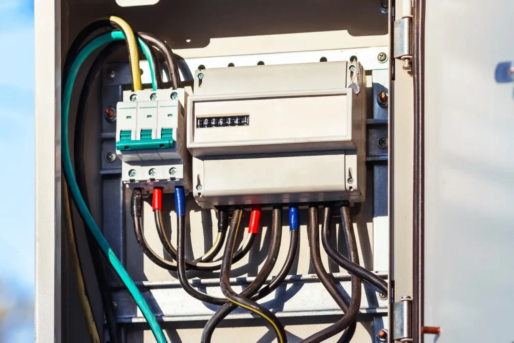 surge protector a close-up view of an open electrical panel reveals a surge protector unit, circuit breakers with green switches, and various colored wires connected to terminals.