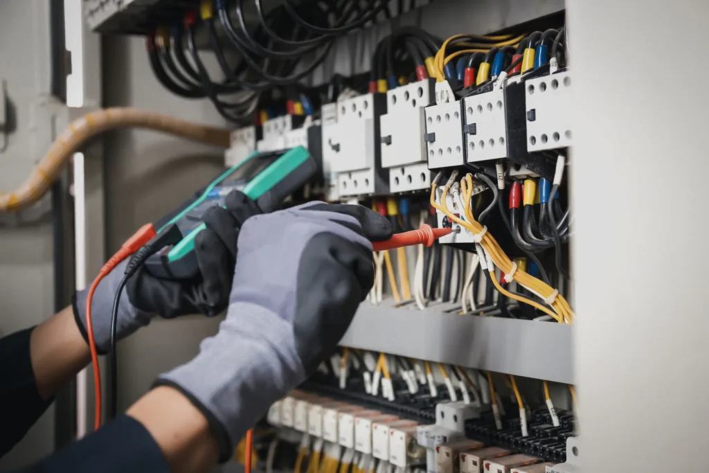 electrical panels technician wearing gloves using a multimeter to test electrical connections inside a circuit breaker panel with visible wires and components