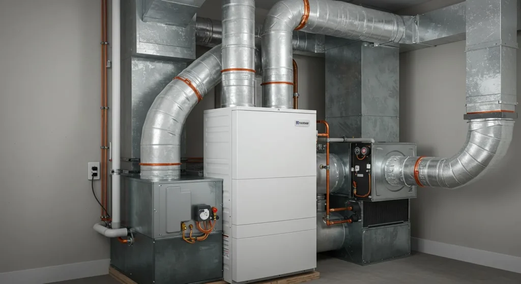 white furnace with metal ducts in a residential basement.