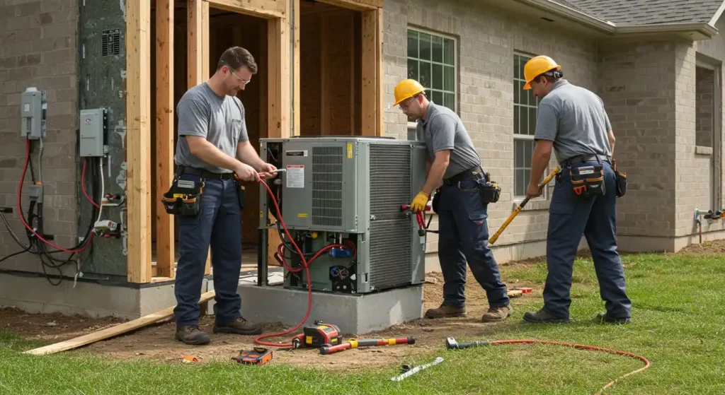 image fx7 three hvac technicians work on replacement of heat pump.